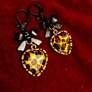 Betsey Johnson leopard print heart earrings